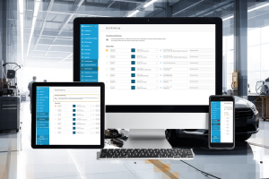 Screenshot von WERKSTATT.NET NXT auf Desktop, Tablet und Smartphone: Das Buchhaltungsmodul zeigt die Konfiguration von Steuersätzen, Steuerarten und die Option zur Umsatzsteuerbefreiung nach §19 UStG.