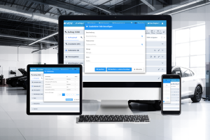 Screenshot von WERBAS auf Desktop, Tablet und Smartphone: Der Dialog „Zusätzliche Teile hinzufügen" und der Artikelkatalog zeigen, wie Teile mobil im VCS erfasst und dem Auftrag hinzugefügt werden.